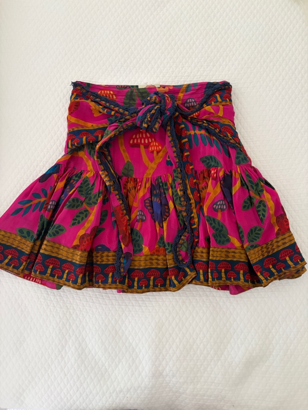 FARM Rio Fuchsia Floral & Mushroom Tiered Mini Skirt with Braided Tie